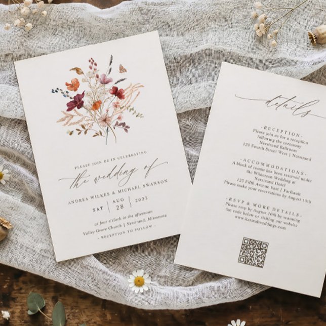 Elegant Fall Wildflower All in One Wedding Invitation (Fall all in one wedding invitation with elegant watercolor wildflowers and burgundy florals)