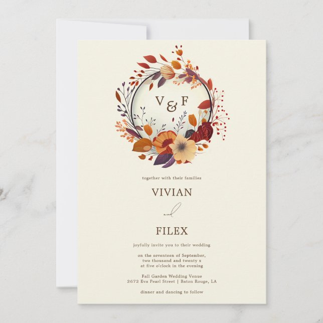 Elegant Fall Wildflower Name Initial Wedding Invitation (Front)