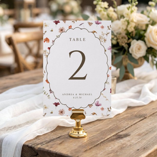Elegant Fall Wildflower Oval Wedding Table Numbers (Fall wedding table number with watercolor wildflowers and oval scalloped frame)