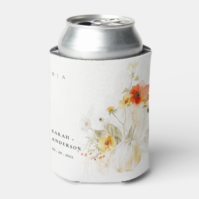 Elegant Fall Wildflower Pumpkin Watercolor Wedding Can Cooler (Can Front)