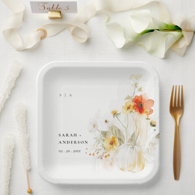 Elegant Fall Wildflower Pumpkin Watercolor Wedding Paper Plate (Wedding)