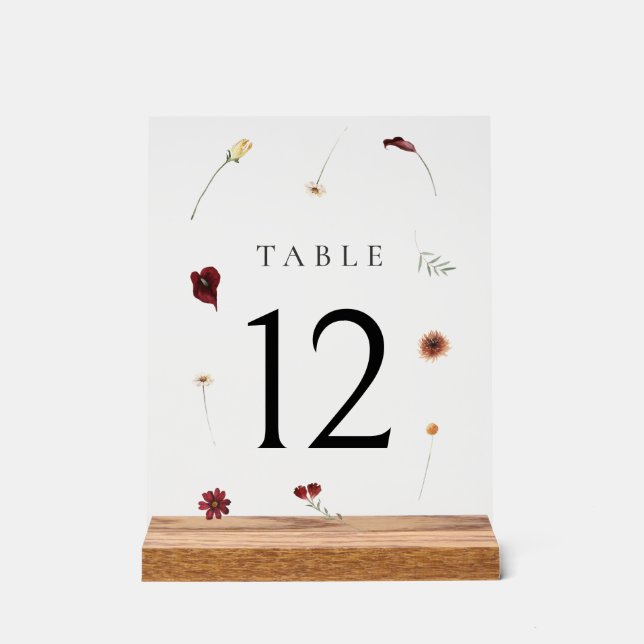 Elegant Fall Wildflower Wedding Table Number #12 Acrylic Sign (Front)