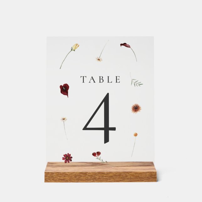 Elegant Fall Wildflower Wedding Table Number #4 Acrylic Sign (Front)