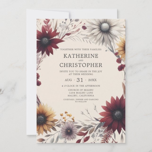 Elegant Fall Wildflowers Burgundy Wedding Invitation (Front)