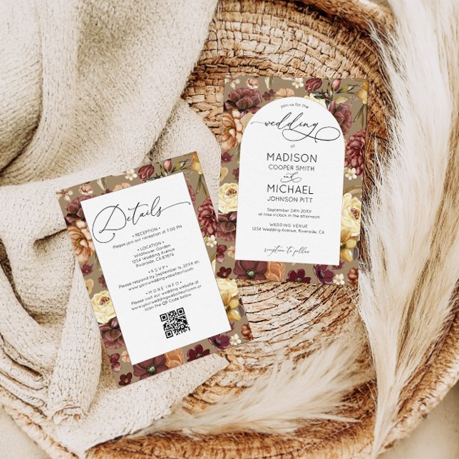 Elegant Fall Wildflowers Floral QR Code Wedding  Invitation (Creator Uploaded)