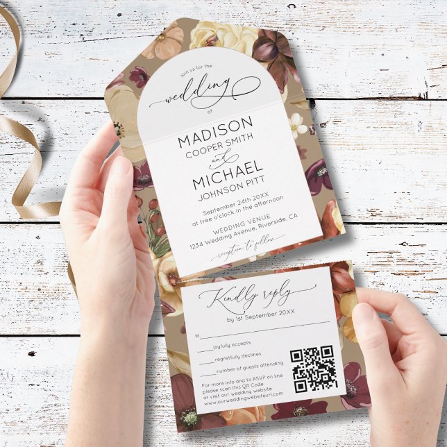 Elegant Fall Wildflowers Floral QR Photo Wedding  All In One Invitation (Creator Uploaded)