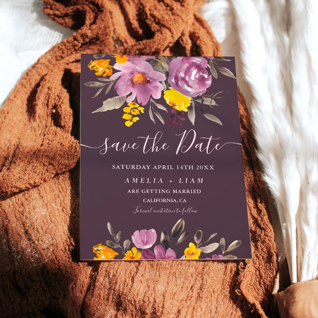 Elegant fall winter purple floral save the date (Elegant fall winter purple floral save the date on purple)