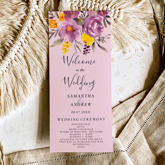 Elegant fall winter purple floral wedding program programme (Elegant fall winter purple floral wedding program on pink)