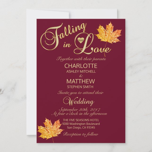 Elegant FALLING in LOVE Burgundy Marsala Wedding Invitation (Front)