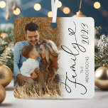 Elegant Family 2 Photo Christmas Metal Ornament<br><div class="desc">Modern 2022 keepsake christmas ornament featuring a simple white background,  a photo either side for you to replace with your own,  the word 'family' in a elegant script heart font,  your family name,  and the year.</div>