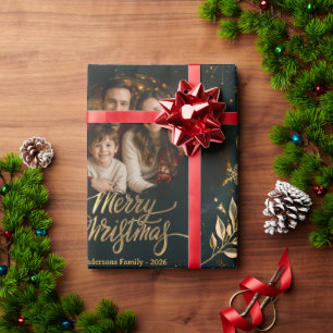 Elegant Family Christmas Photo Collage Gold black Wrapping Paper
