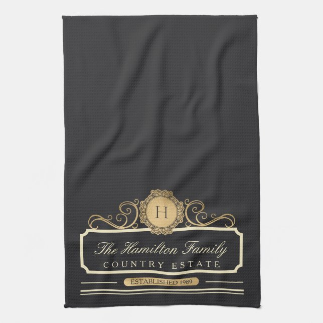 Elegant Family Home Monogram Gold Charcoal Kitchen Tea Towel (Vertical)