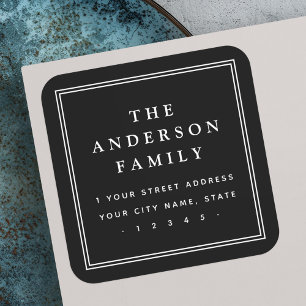 Elegant family name border black return address square sticker