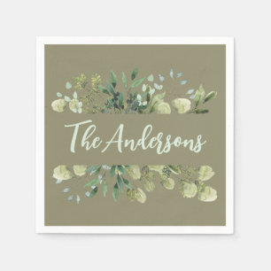 Elegant family name botanical leaves olive green napkin