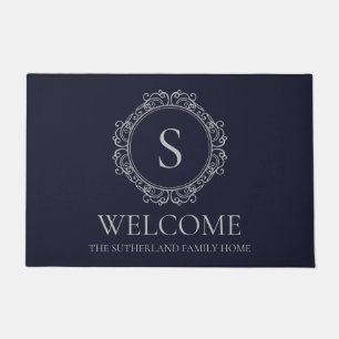 Elegant Family Name Monogram Navy Welcome Doormat