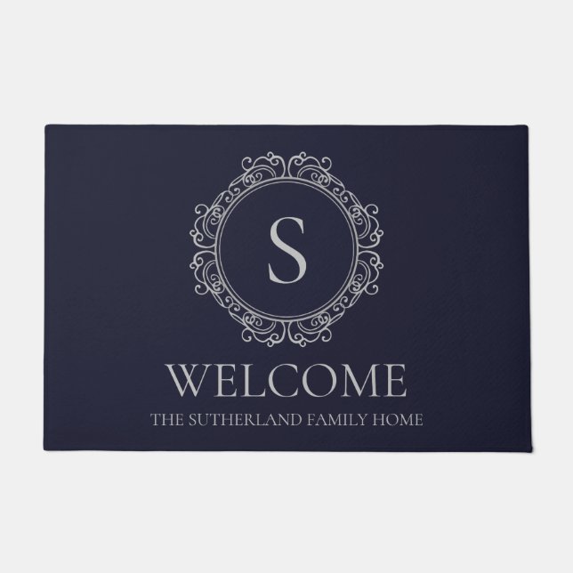Elegant Family Name Monogram Navy Welcome Doormat (Front)