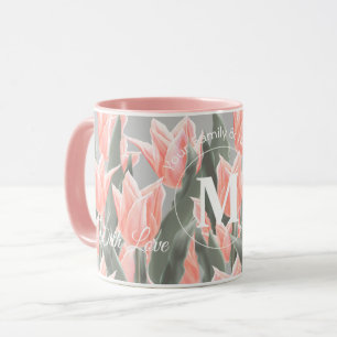 Elegant Family Name Monogram Peach Tulips Painting Mug