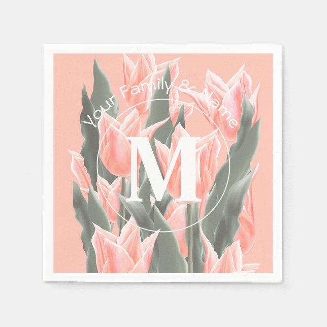 Elegant Family Name Monogram Peach Tulips Painting Napkin (Front)