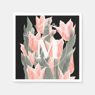 Elegant Family Name Monogram Peach Tulips Painting Napkin