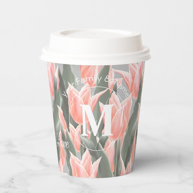 Elegant Family Name Monogram Peach Tulips Painting Paper Cups (Left)