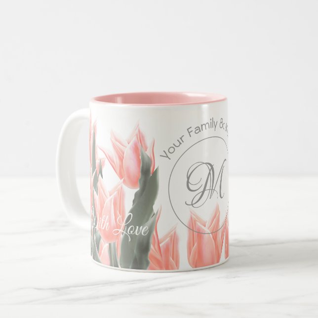 Elegant Family Name Monogram Peach Tulips Painting Two-Tone Coffee Mug (Front Left)