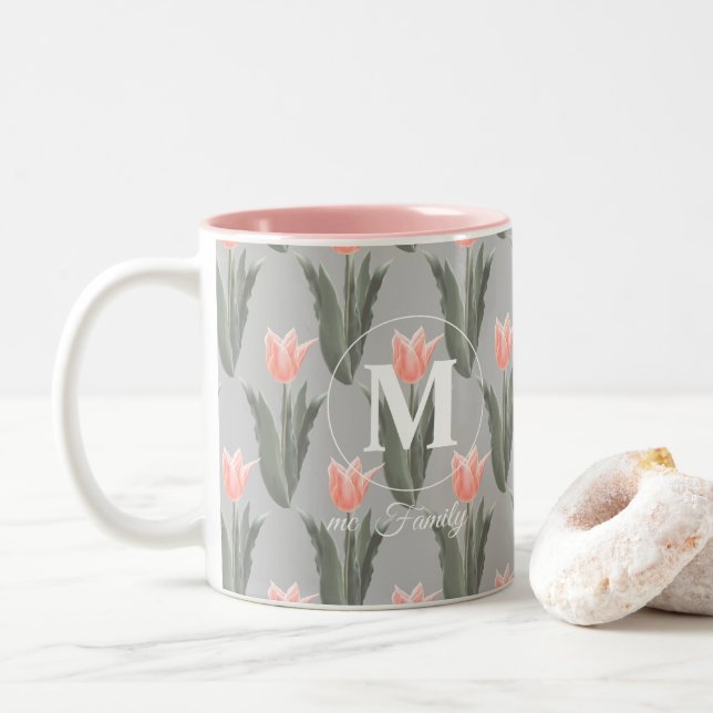 Elegant Family Name Monogram Peach Tulips Painting Two-Tone Coffee Mug (With Donut)
