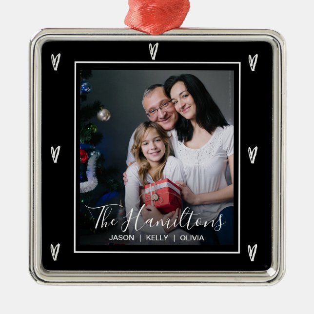 Elegant Family Name Photo Christmas Metal Tree Decoration (Front)