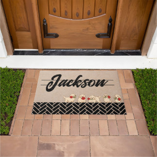 Elegant Family Name Puppies Geometric Entryway Doormat