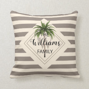 Elegant Family Name Tropical Palm Tree Beige Cushion