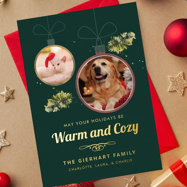 Elegant Family Pet Photos Christmas Gold (Christmas Pet Photos Warm and Cozy Green Greetings Gold Foil Card)