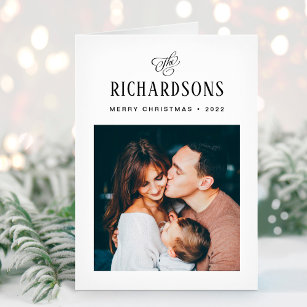 Elegant Family Photo and Name   Merry Christmas Holiday Card