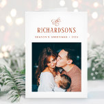 Elegant Family Photo and Name | Season's Greetings Holiday Card<br><div class="desc">This simple and minimalist, elegant earth tones terracotta and white folded holiday card features your personal photo on the front, and an additional photo on the inside, for a total of two of your favourite family photos. Classic calligraphy along with modern text for your family name add a stylish touch...</div>