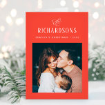 Elegant Family Photo and Name | Season's Greetings Holiday Card<br><div class="desc">This simple and minimalist, elegant red and white folded holiday card features your personal photo on the front, and an additional photo on the inside, for a total of two of your favourite family photos. Classic calligraphy along with modern text for your family name add a stylish touch and says...</div>