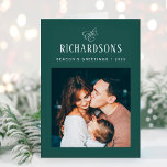 Elegant Family Photo and Name | Season's Greetings Holiday Card<br><div class="desc">This simple and minimalist, elegant dark green and white folded holiday card features your personal photo on the front, and an additional photo on the inside, for a total of two of your favourite family photos. Classic calligraphy along with modern text for your family name add a stylish touch and...</div>