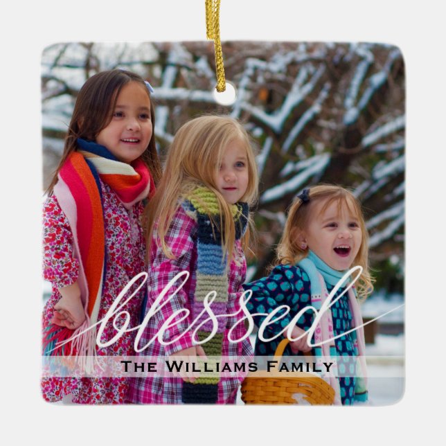 Elegant Family Photo Christmas Winter Ceramic Tree Decoration (Front)