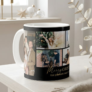 Elegant Family Photo Collage Black Gold Christmas Coffee Mug