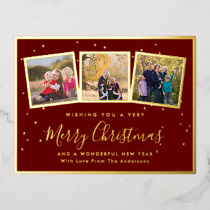 Elegant Family Photo Collage Merry Christmas Red Foil Holiday Postcard