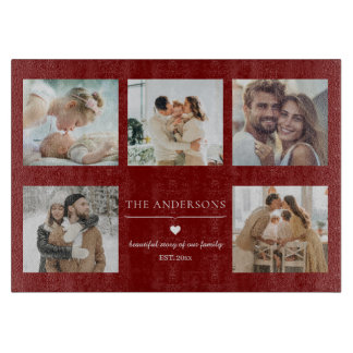 Elegant Family Photo Collage Red Custom Cutting Board
