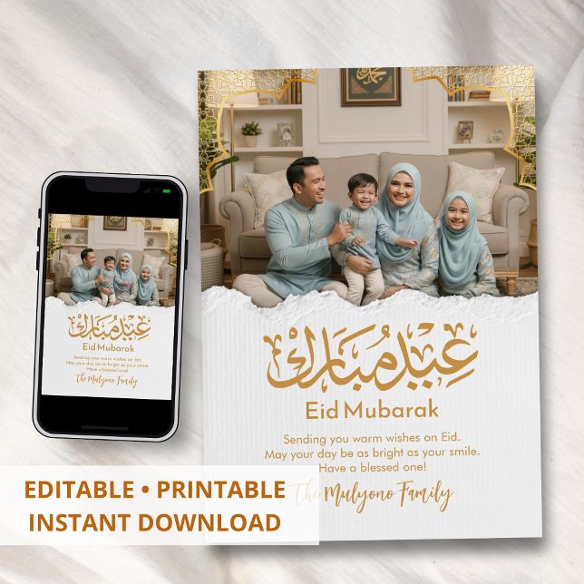 Elegant Family Photo Eid Mubarak Gold Arabic Card (Creator Uploaded)