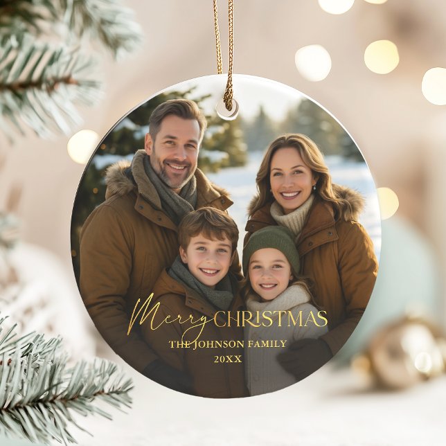Elegant Family Photo Gold Typography Christmas Ceramic Tree Decoration (Modern elegant round photo ornament with gold effect Merry Christmas and customisable family name)