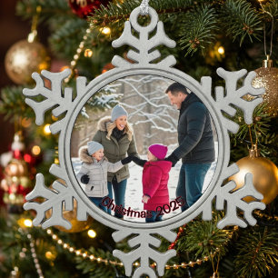 Elegant Family Photo Holiday Personalise Snowflake Pewter Christmas Ornament