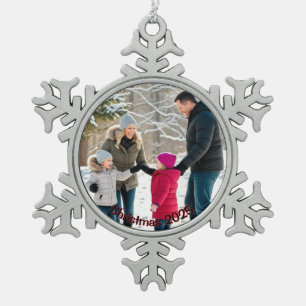 Elegant Family Photo Holiday Personalize Snowflake Pewter Christmas Ornament
