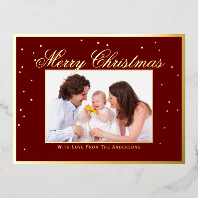 Elegant Family Photo Merry Christmas Confetti Foil Holiday Postcard (Front)