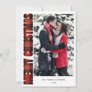 Elegant Family Photo Red Plaid Merry Christmas Holiday Card
