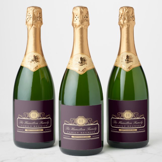 Elegant Family Reunion Burgundy Gold Sparkling Wine Label (Bottles)