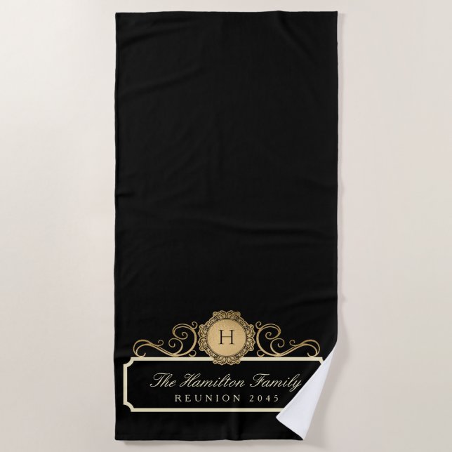 Elegant Family Reunion Gold Monogram Black Beach Towel (Front)
