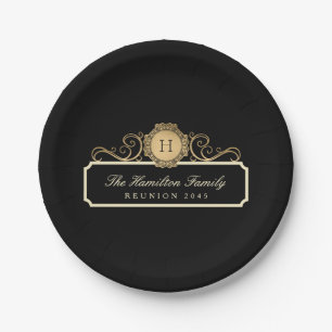 Elegant Family Reunion Gold Monogram Black Paper Plate