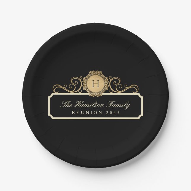 Elegant Family Reunion Gold Monogram Black Paper Plate (Front)