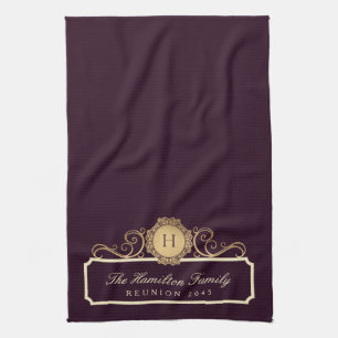 Elegant Family Reunion Gold Monogram Burgundy Tea Towel