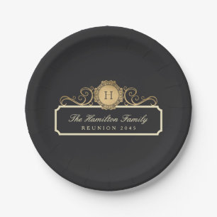 Elegant Family Reunion Gold Monogram Charcoal Paper Plate